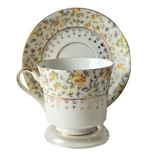 Vintage Choice Japan Souvenir San Simeon Footed Teacup & Saucer Yellow Floral